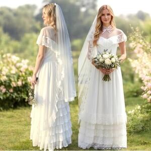 Vtg 70s White Lace Prairie Dress JCPenney Boho Wedding Gown Tiered Ruffle SZ S